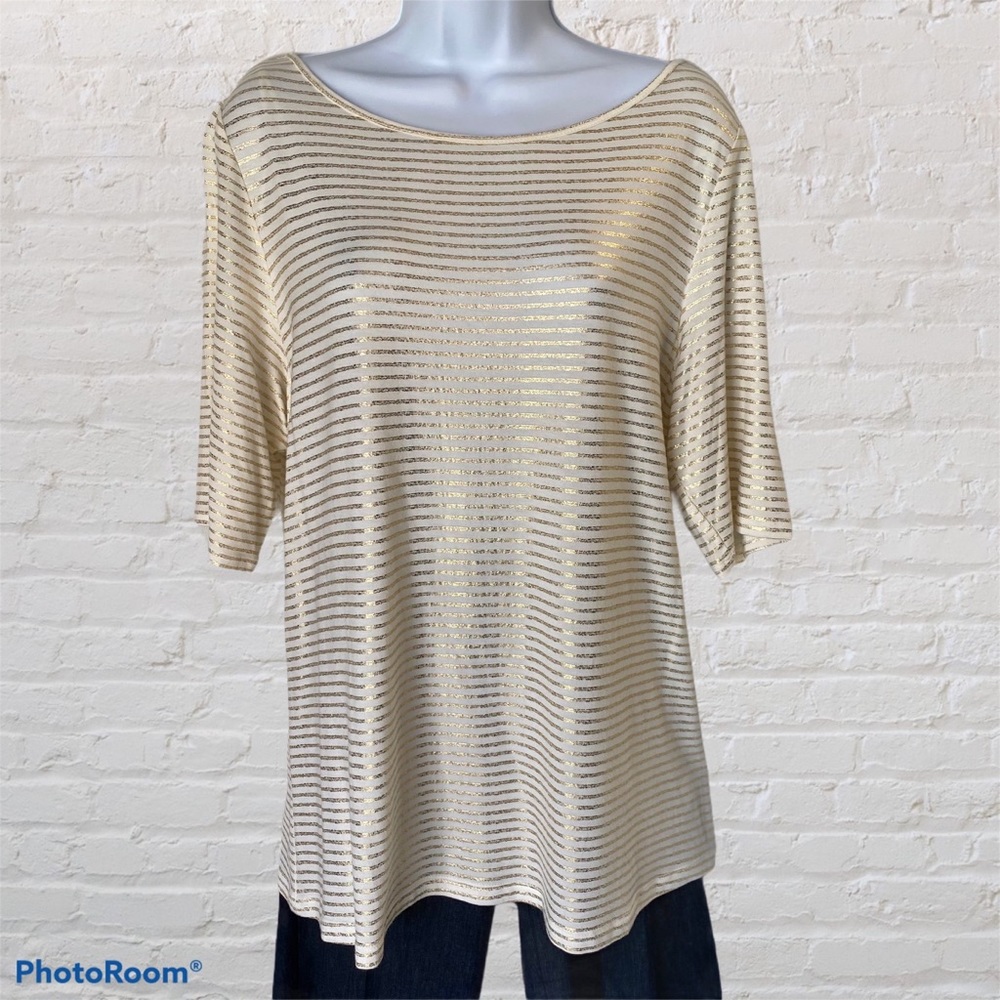 Round Neck Elbow Sleeve White &Gold Stripe Top, XL